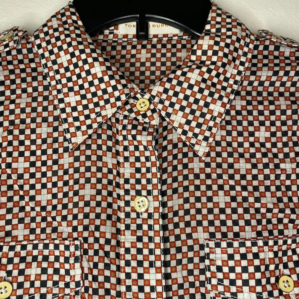 TORY BURCH womans size 6 Brigitte 100% cotton orange blue check button top